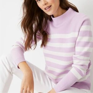 Ann Taylor Striped Mock Neck Pullover Knit Boxy Sweater Preppy Purple Small